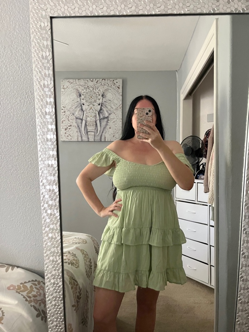 Light Pastel Green Ruffled Tiered Mini Dress Flutter Sleeves M Medium - Picture 3 of 7